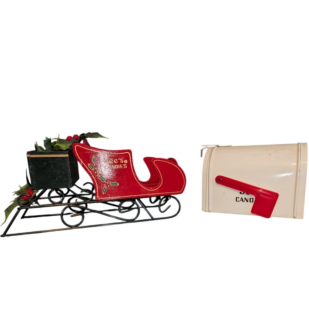 Vintage See's Candies Wooden Christmas Decorative Sleigh & White Metal Mailbox